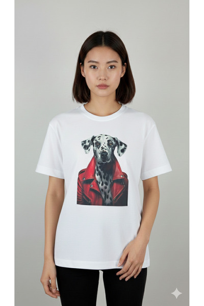 KÖPEK FİGÜRLÜ BEYAZ PAMUKLU TİŞÖRT