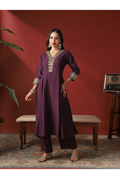Globus By Styli Zari Embroidered Anarkali Kurta and Wide Leg Pants Festive Set
