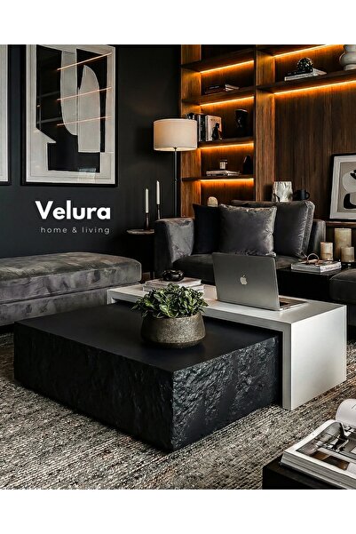 Velura Home & Living Nora Orta Sehpa - Siyah Taş & Beyaz Ahşap