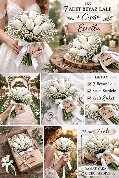 ecrella 7’li Beyaz Lale Gelin Buketi – Cipso Detaylı Kır Düğünü Yapay Çiçek –...