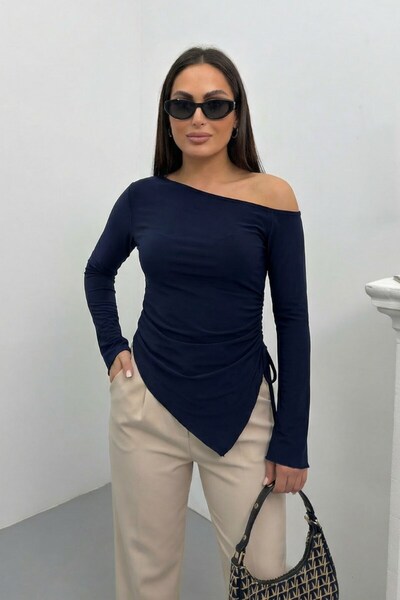 spirituel Women's Blouse One Shoulder Open Asymmetrical Side Gathered Long Sl...