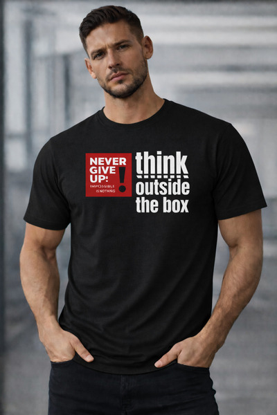 herkesemoda Think Outside Text Detailed Basic T-Shirt