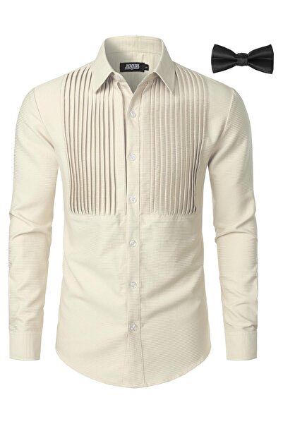 Other Cămașă Bărbați - Elegantă, Față Plisată, Mânecă Lungă - Poliester, Bej, L