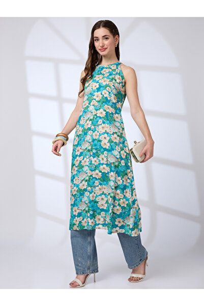 Globus By Styli Halter Neck Floral Print A-Line Fusion Kurta