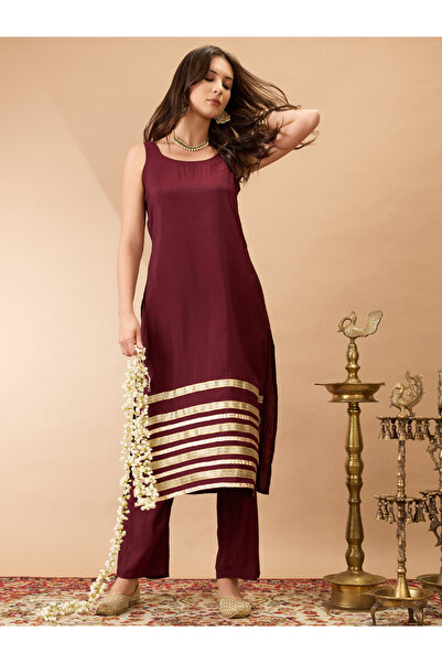 Globus By Styli Sleeveless Gotta Lace Hem Straight Kurta and Pant Festive Set