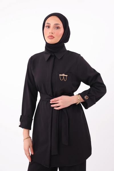 Mogi Butik Shirt Collar Belted Waist Double Crepe Woven Hijab Suit 3167