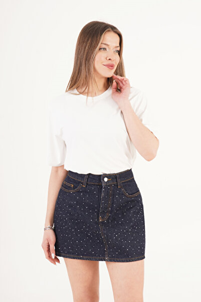 Hipo Trend Sparkling Stone Embellished Denim Mini Dark Jeans Skirt