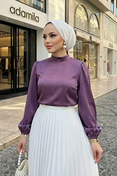 Genel Markalar Kadn Dik Yaka Kolu Lastikli Arka Fermuarlı Saten Bluz