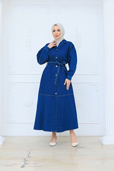 ELBİSHE Women's Buttoned Belt Detailed Denim Dress