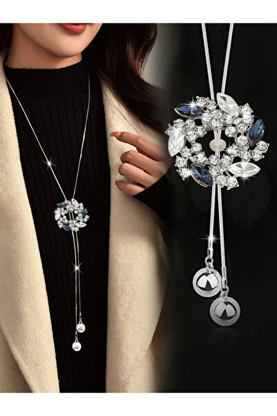 Take Two By Styli Rhinestone Floral Shaped Tassel Pendant Necklace