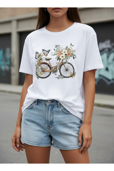 ship master Floral Bicycle Printed White Women's T-Shirt 100% Cotton Oversize...