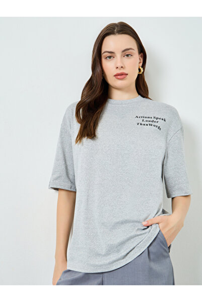Styli Grey Slogan Print Oversized T-Shirt