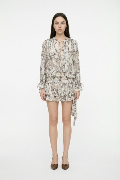 Quzu Bluză cu model, volane și detaliu din dantelă, bej