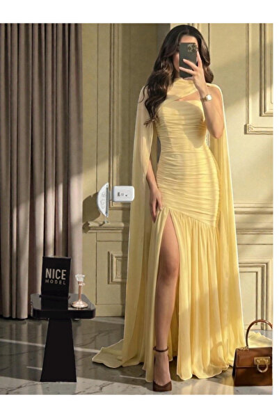 Nice Model Stunning Yellow Strapless Maxi Gown Ruched Bodice Chiffon Cape For...