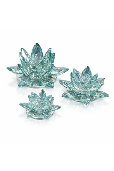 ÖZ KRİSTAL DESİGN Üçlü Yeşil Nilüfer Mumluk