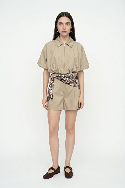 Quzu Jachetă crop cu fermoar și croială balon, bej