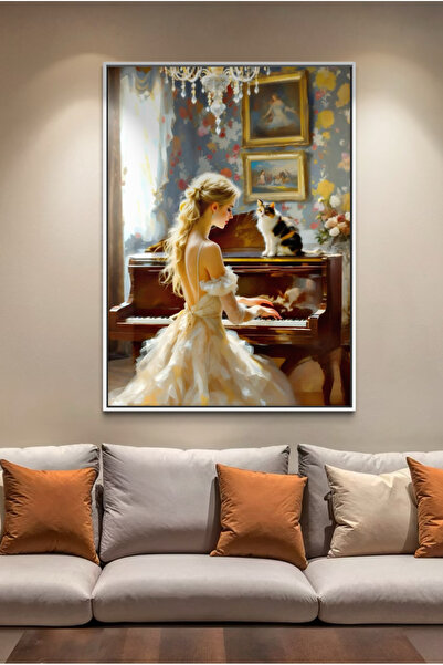 ARTAN GALLERY İtalyan Kadife Duvar Tablosu | Piyano Çalan Kadın ve Kedi | Yağ...