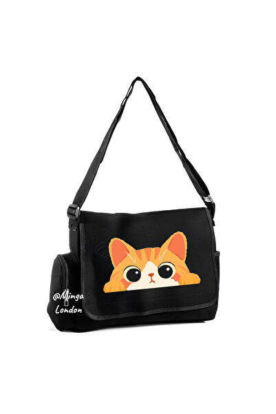Minga London Black Cute Orange Cat Printed Messenger Bag -Mingalondon