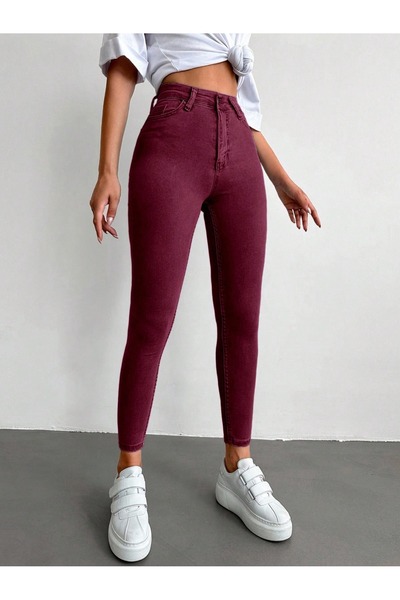 KENE JEANS High Waist Burgundy Linen Tight-Leg Pants