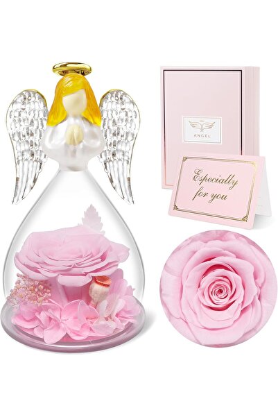 Other Angel Figurine with Cryogenic Rose - Borosilicate Glass, Pink - Gift fo...