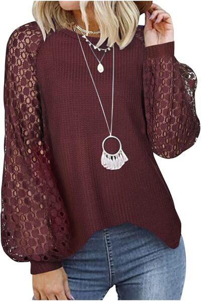 Other Women's Sweater, Long Sleeve Blouse, Lace, Honeycomb Knit, Round Collar...