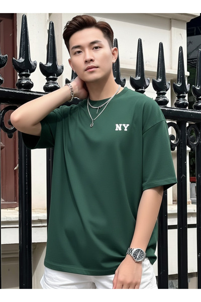 KVİNS Men's Black Ny Printed Oversize Loose Fit Crew Neck Cotton T-Shirt