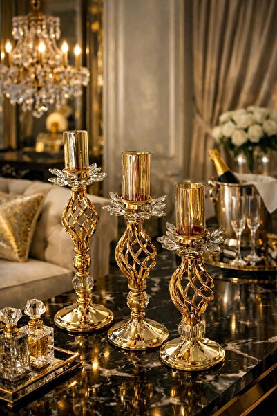 decovien Modern Tasarımlı 3 Boy Metal Şamdan Dekor Seti