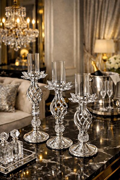 decovien Modern Tasarımlı 3 Boy Metal Şamdan Dekor Seti