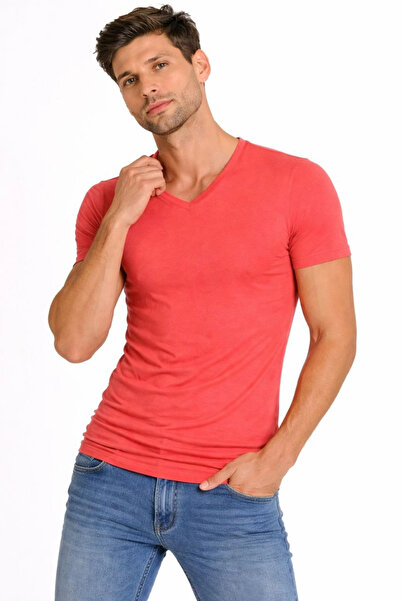 LUMİART Men's T-Shirt V-Neck Slim Fit Tight Fit Lycra T-Shirt Daily Basic Bod...