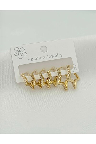 SY AKSESUAR Çelik Zirkon Gold Yıldız Çoklu Küpe