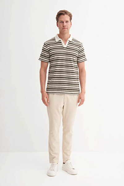 Cazador Regular Fit Knitted Striped Green Men's Polo Neck T-Shirt 40330