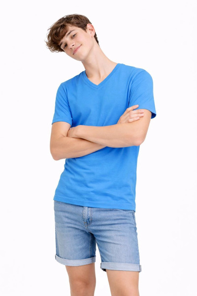 Generic Brand تي شيرت للأولاد الشباب برقبة على شكل حرف V - أزرق فاتح