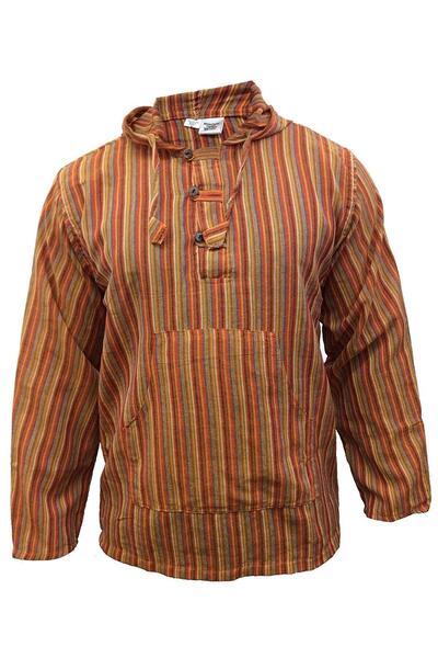 Other Men's Hooded Shirt - Boho Style Cotton , Striped Design - Orange, Size 4XL