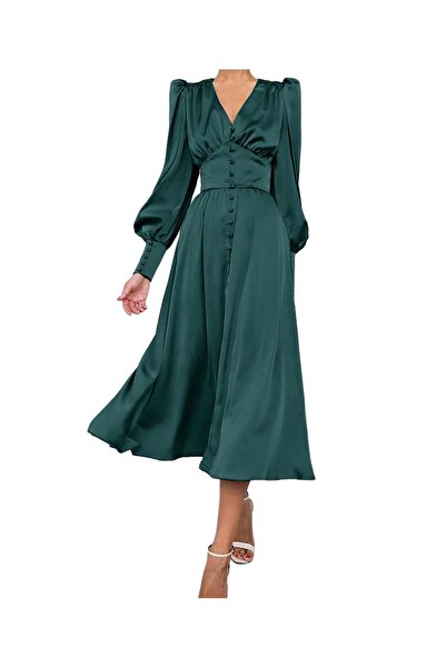 Other Women's Satin Maxi Dress - Vintage Style, Puff Sleeves, V-Neck - Dark G...