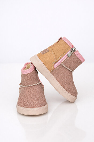 RMY SHOES Kız Çocuk Pudra Simli Termo Taban Süet Görünümlü İçi Kürklü Kısa Bot