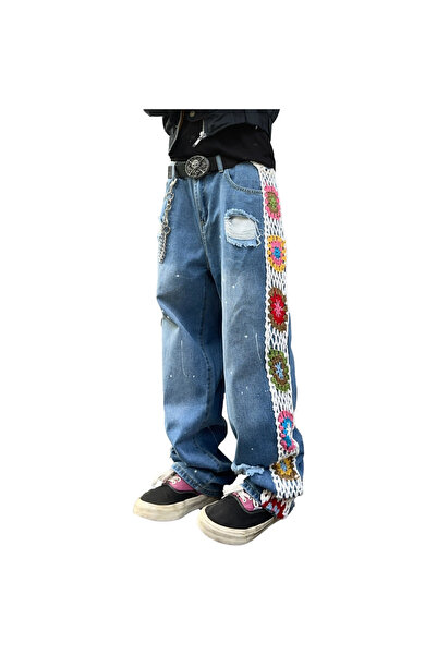 Other Blugi Bărbați Y2K - Craci Lați, Broderie Florală, Denim Rupt - Loose Fi...