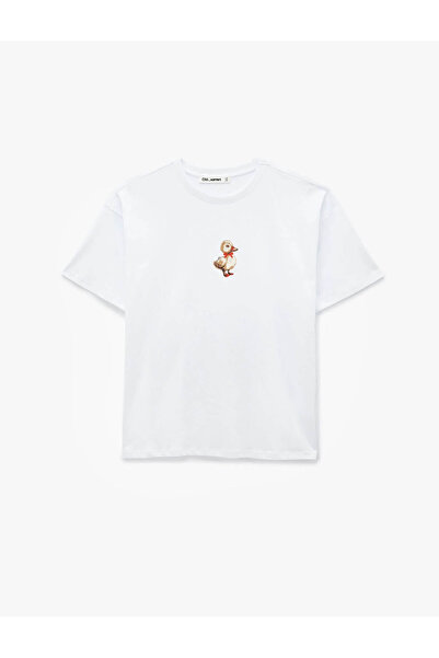 Koton Tricou de damă oversize ecru cu broderie rață 6SAL10072IK