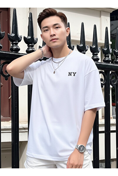 KVİNS Men's Black Ny Printed Oversize Loose Fit Crew Neck Cotton T-Shirt