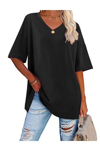 Other Tricou Damă Oversize Florboom - Decolteu în V, Material Lejer - Negru, ...