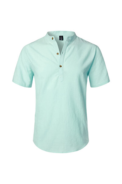 Other Men's Henley Shirt - Cotton and Linen, Slim Fit, Short Sleeve, Mint Gre...