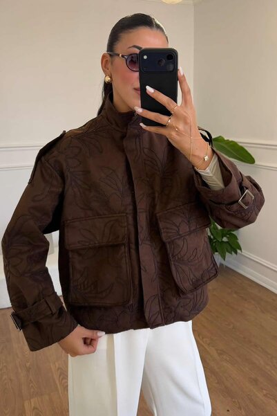 Gizem Süvari NUBUK NAKIŞLI KISA KABAN - KAHVE