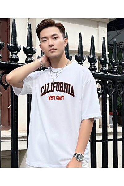 KVİNS California Printed Black Oversize Unisex Crew Neck Cotton T-Shirt