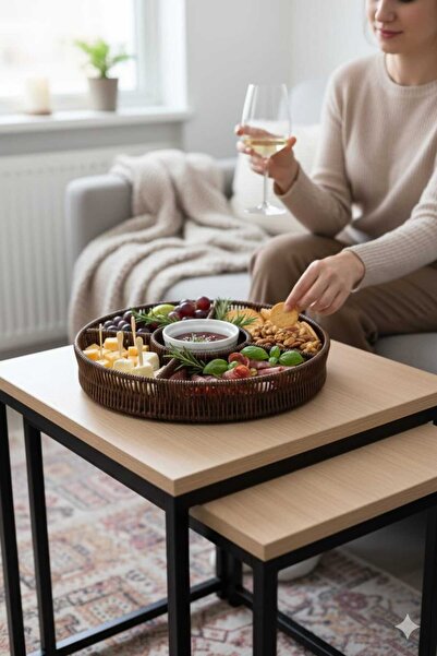 Funny Life Premium El Örmesi Rattan Döner Sunumluk & Atıştırmalık Tablası - 3...