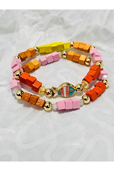 COCOSH TAKI Orange Pink Gold Detailed Fish Charm Combination Multi Bracelet