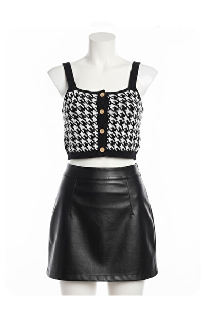 boren Kadın Kazayağı Desenli Düğmeli Crop Örme Süveter / Büstiyer