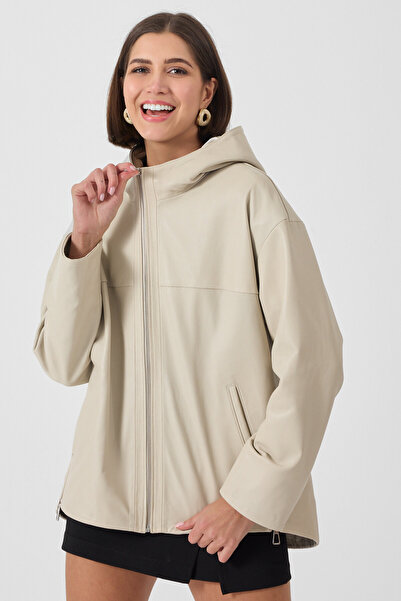 MALPcollection Kadın Hakiki Deri Ceket Kapüşonlu