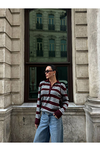 Betül Nayir Burgundy-Grey Striped Polo Collar Knit Sweater