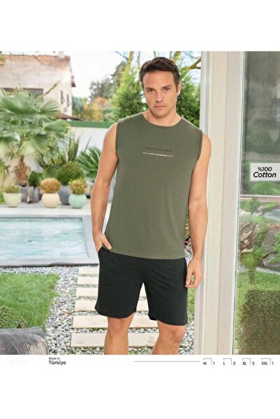 İpek Men's Zero Sleeve Crew Neck Shorts 100% Cotton Top Lettered Pajama Set