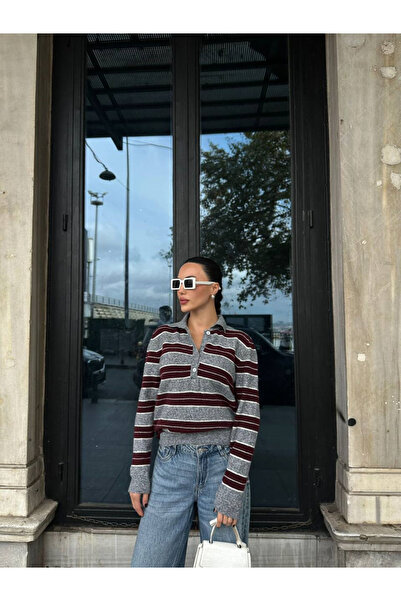 Betül Nayir Gray-Burgundy Striped Polo Collar Knit Sweater