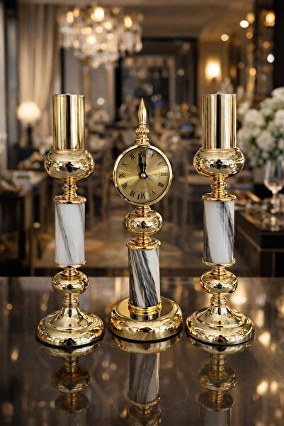 decovien Gold Detaylı 3’lü Metal Şamdan ve Dekoratif Saat Seti